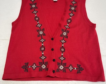 Vintage KORET Womens Sz Sm Red Sweater Vest Embroidered Wool Blend V-Neck