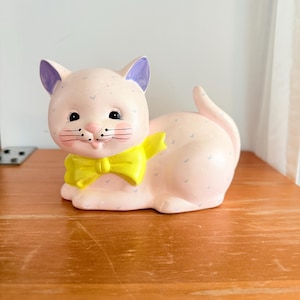 Vintage Enesco Pink Kitty Cat Piggy Bank: 80s Ceramic Heart Decor