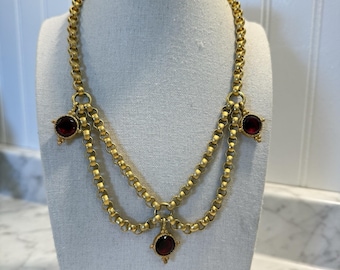 Vintage Etruscan Gold Plated Red Gem Festoon Rolo Chain Necklace 18" Heavy!