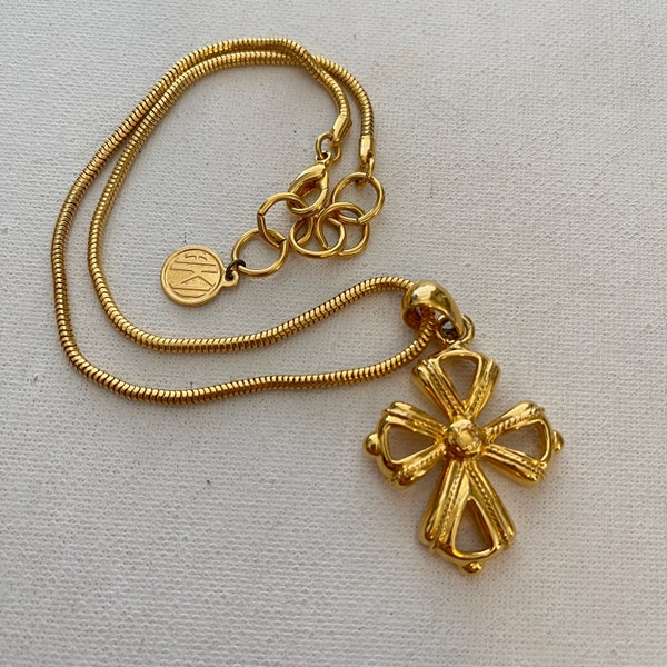 Vintage Anne Klein Maltese Cross Pendant Gold Plated Snake Chain Collar Necklace 90s Runway High End Couture Necklace