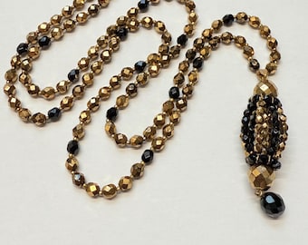 Vintage MIRIAM HASKELL Black Gold Faceted Glass Bead Necklace Tassel Pendant 34"