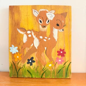 Vintage Hand Painted Wood Plaque Deer Bambi Floral Retro Kitschy 50s Style Art Cottagecore