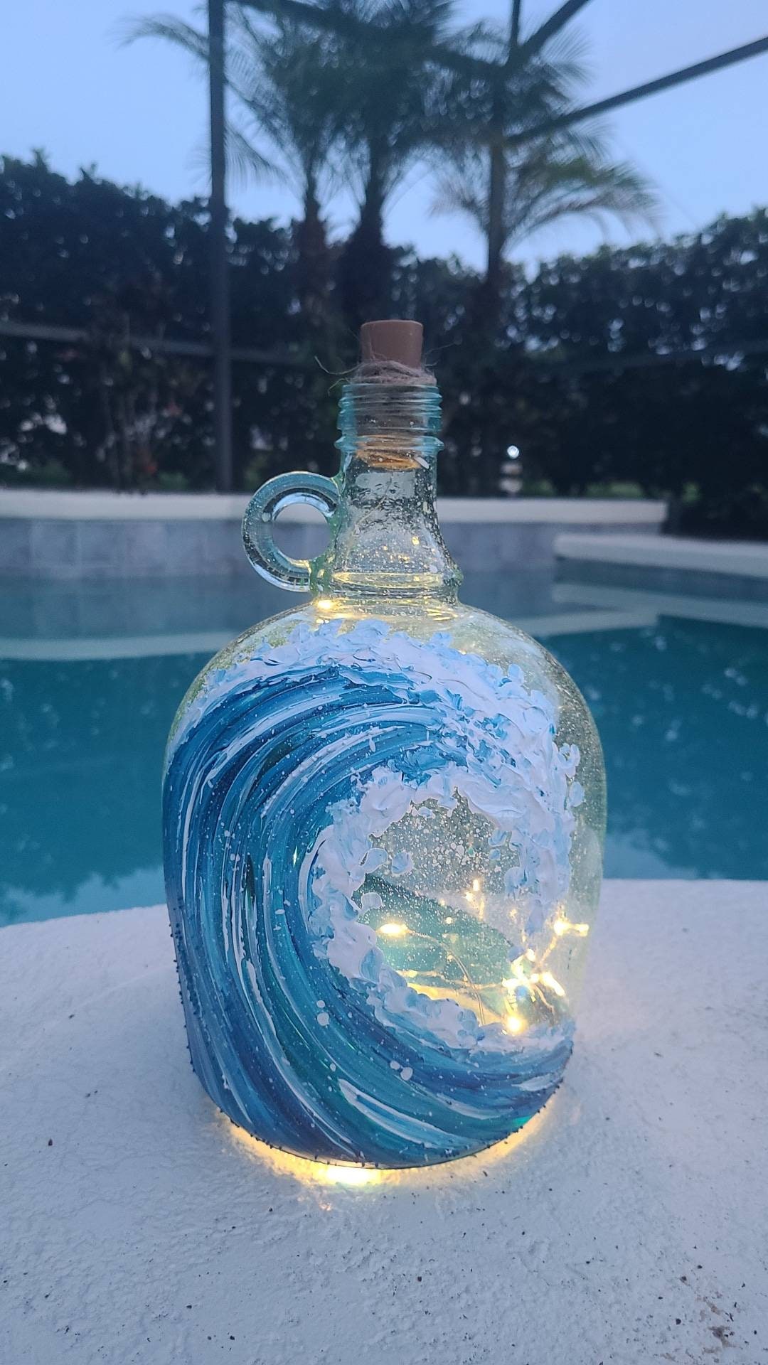 Hand Painted Ocean Wave Wine Bottle With Fairy Lights