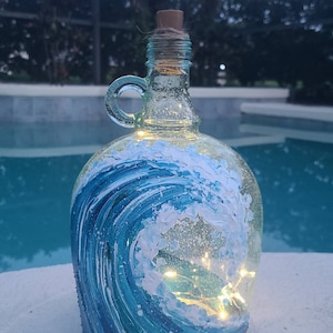 Hand Painted Ocean Wave Wine Bottle With Fairy Lights