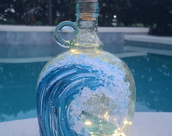 Hand Painted Ocean Wave Wine Bottle With Fairy Lights