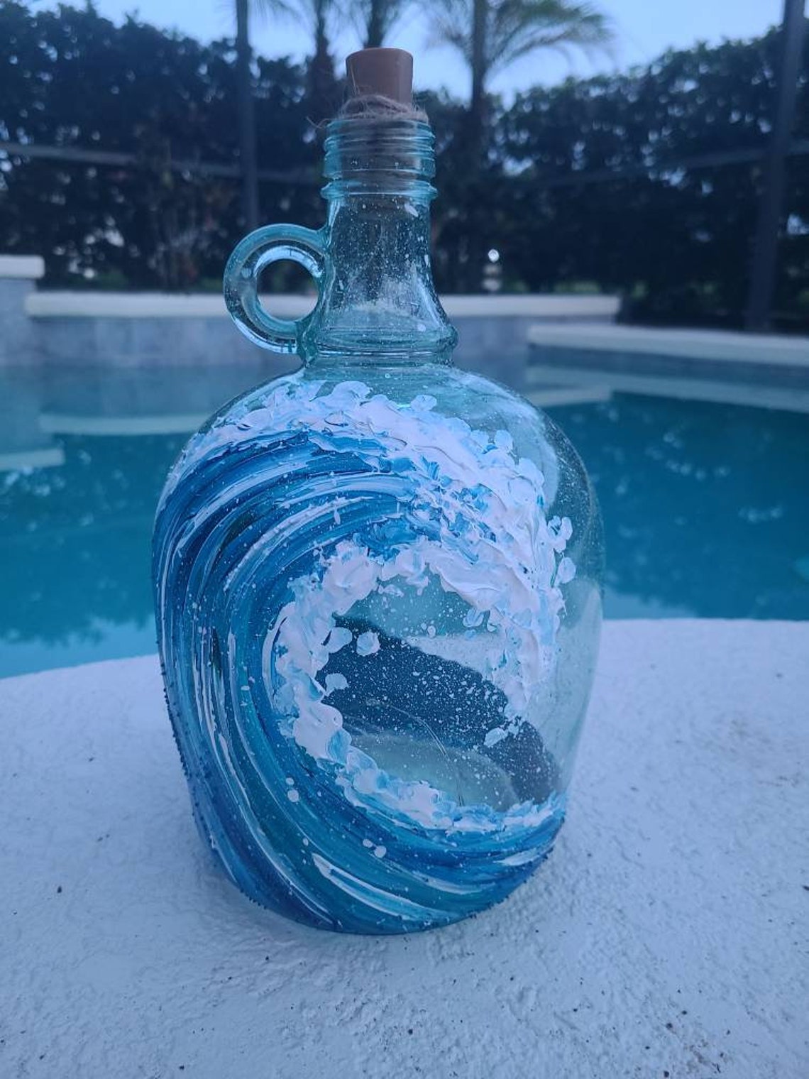 Hand Painted Ocean Wave Wine Bottle With Fairy Lights Etsy