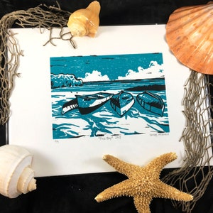 Foul Bay Barbados Hand-Pressed Linoleum Print, 9x12 Wall Art