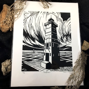 Frankfort Light Michigan Hand-Pressed Linoleum Print, 11x14 Wall Art