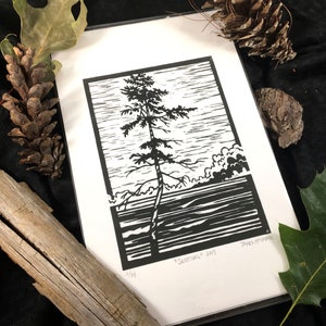 Sentinel, Tree and Lake, Hand-Pressed Linoleum Print--7x11 Wall Art