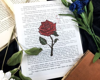 Rose Floral Print on Old Book Page, Hand-Pressed Linoleum Print, 8x10 Wall Art