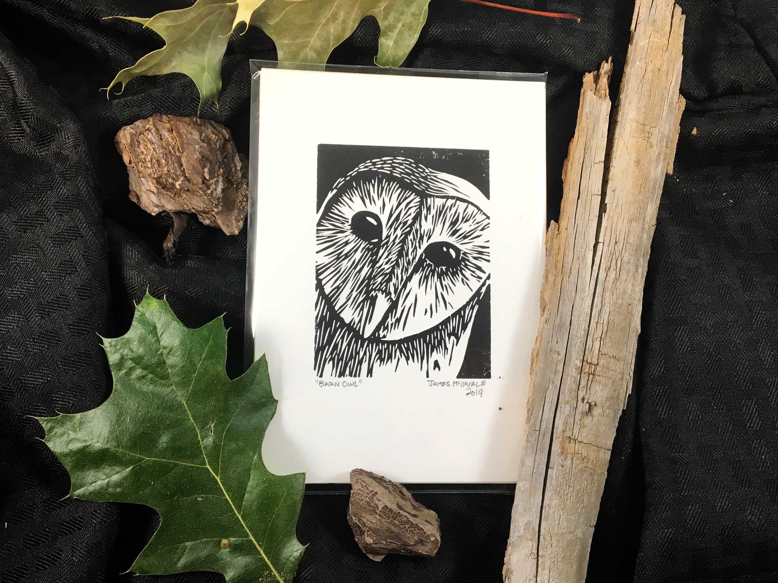 Barn Owl Hand-Pressed Linoleum Print, 5x7 Wall Art