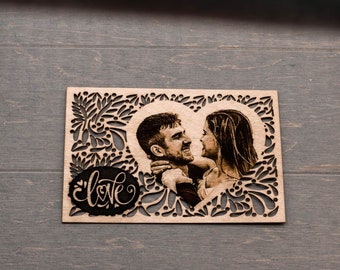 Valentines Day Gift For Him. Photo engraving on wood. Gift for her. Custom text