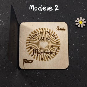 Carte de demande parrain marraine gravée dans le bois et étui question surprise Marraine modèle 2