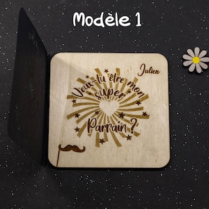 Carte de demande parrain marraine gravée dans le bois et étui question surprise Parrain modèle 1