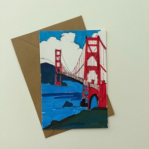 Golden Gate Bridge Aquarell Postkarte - Handgemalte San Francisco Skyline Kunstkarte mit Kraftpapier Umschlag
