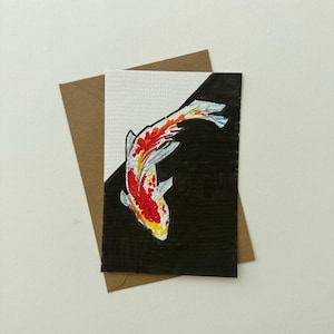 Original handgemalte Koi Fisch Kunst Karte - Original Postkarte im Aquarell-Stil mit Kraftpapier Umschlag