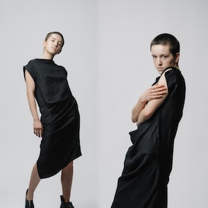NEW Asymmetric transformer dress with sculptural draping and buttons on the shoulder to transform its look