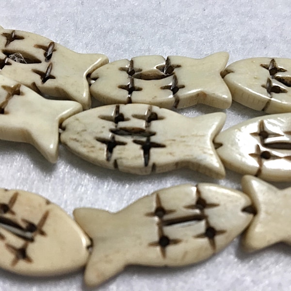 16" Strand of 1 Inch Antiqued Bone Fish, Approximately 16 beads per strand
