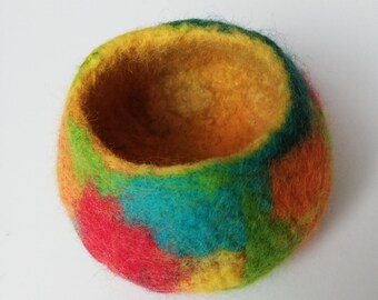 Bright rainbow colours handmade wet felted woolen bowl, vessel, pot