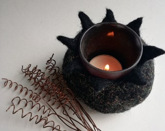 Black sparkle hand felted wool, vessel, pot, bowl