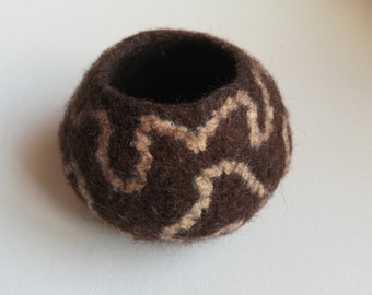 Brown wool and yarn wet felted vessel