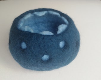 Circles - Dark & light blue wet felted bowl, trinket pot