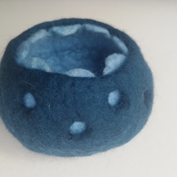 Circles - Dark & light blue wet felted bowl, trinket pot