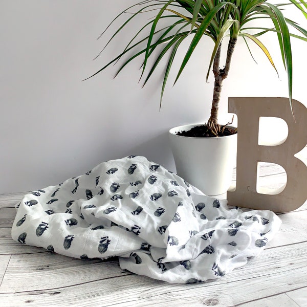 Organic badger muslin swaddle, baby burp cloth or nursing cover with badger print. Organic baby muslin, badger baby.