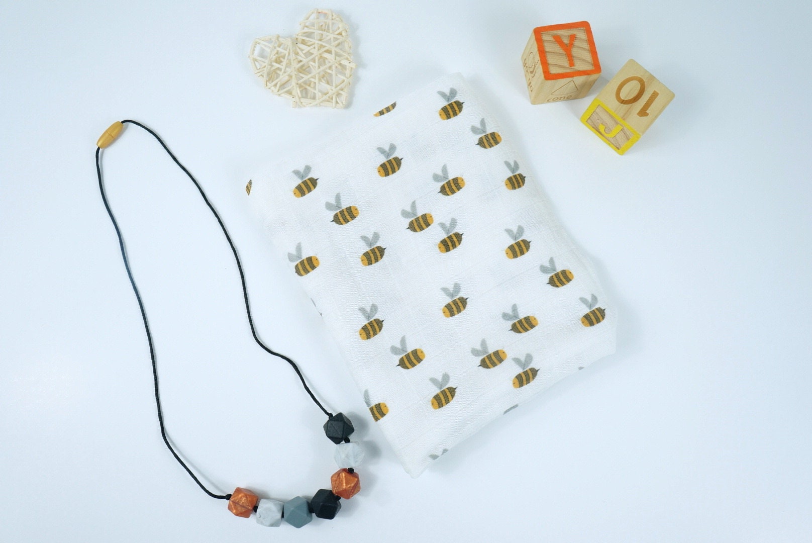 Organic Bees Muslin Swaddle Blanket, Burp Cloth or Nursing Cover. Baby