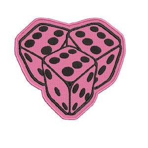 May include: Three pink dice with black dots, arranged in a heart shape.