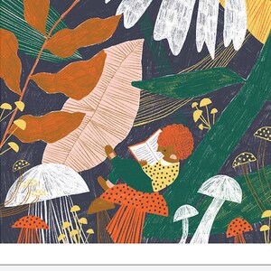 May include: A whimsical illustration of a person reading a book in a forest setting. The scene features large white and pink flowers, green leaves, and orange mushrooms.
