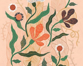 May include: A digital illustration of a floral arrangement with pink, orange, white, and brown flowers on a peach background. The flowers are surrounded by green leaves and vines.
