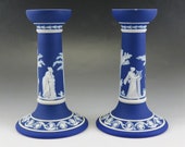 Pair Antique c1900 Wedgwood Blue White Jasperware Pottery Candlesticks Holders