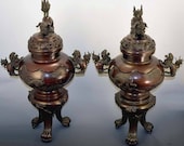 Fabulous Pair of Antique Asian Bronze Covered Censers Vases Urns-Great Patina