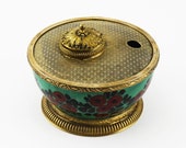 Antique French Porcelain Brass Poppies Stars Desk Inkwell Pen Holder