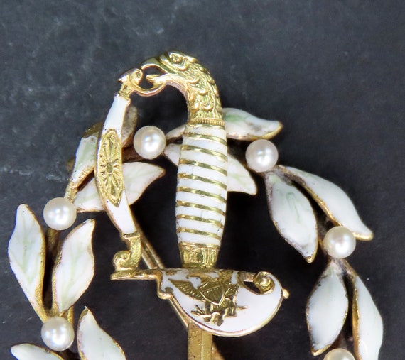 Antique 14k Gold Pearl Enamel Laurel Wreath Offic… - image 3