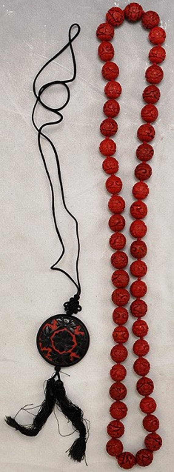 2 Cinnabar Beaded Necklaces Beautifully Carved 32"