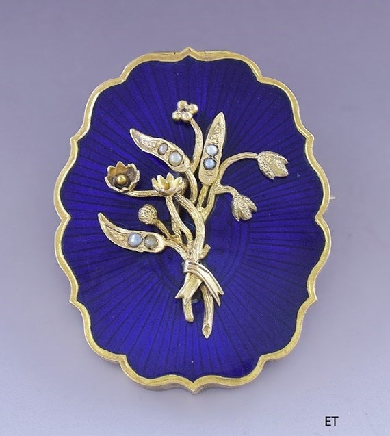 Gorgeous Victorian 14k Gold Cobalt Guilloche Enam… - image 1