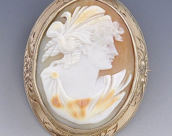 c1900 Victorian 10k Gold Hand Carved Engraved Cameo Brooch Pin Pendant