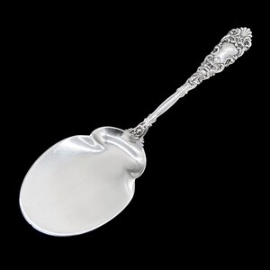 May include: A silver serving spoon with an ornate handle and a wide, rounded bowl.
