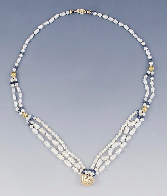 Lovely Pearl Sapphire & 14K Gold Multi Strand Sea… - image 2