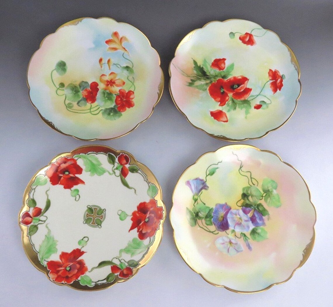4 Antique Porcelain Hand Painted Gilt Flower Salad Plates Etsy
