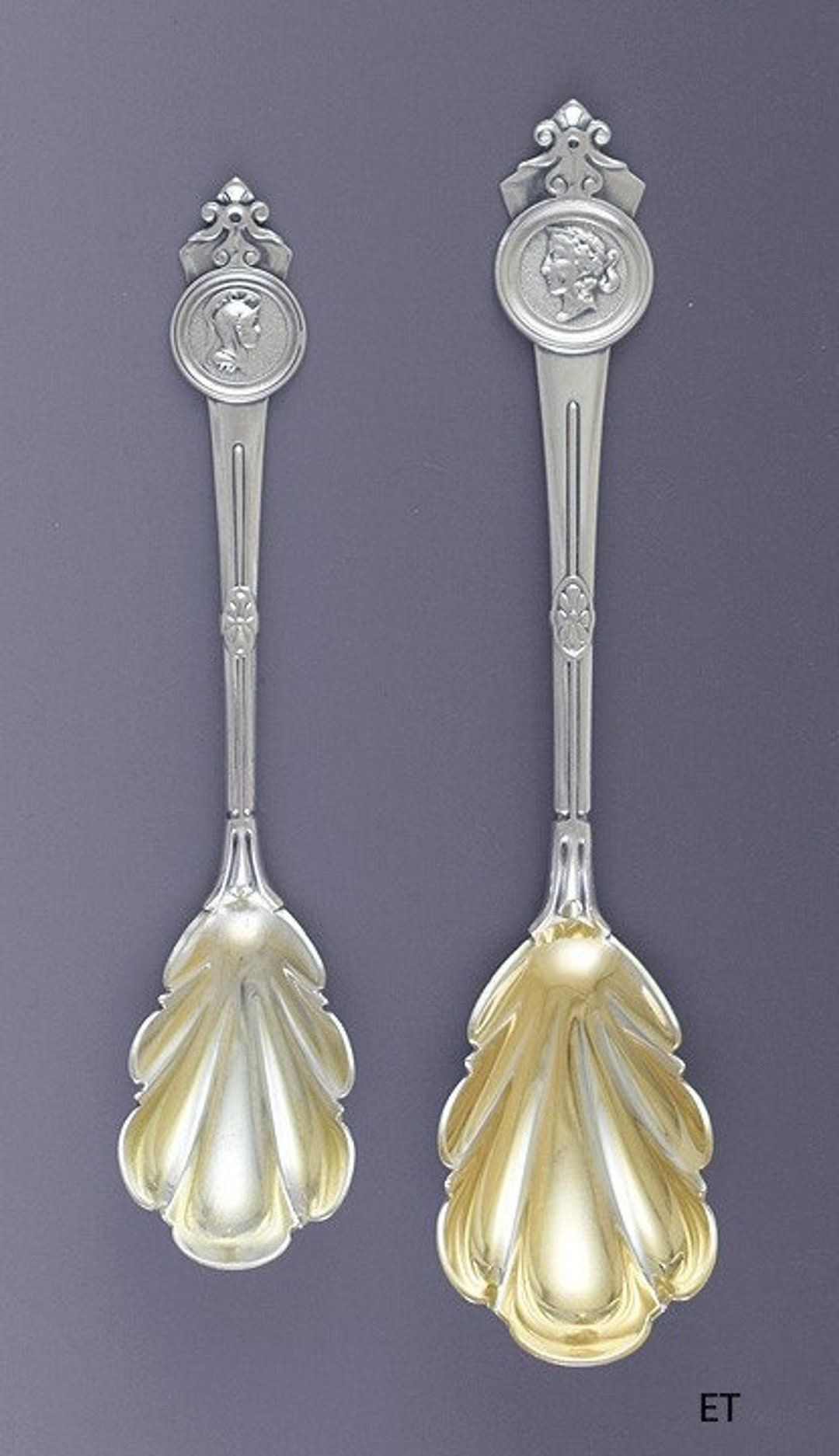 Great Pair Gorham Sterling Silver Medallion Fluted Serving Scoops