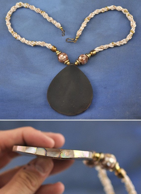 Mother of Pearl and Abalone Shell Necklace w/ Lar… - image 4