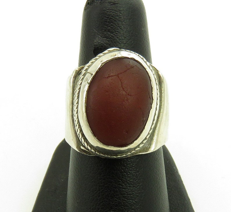 AntiqueVTG Tribal Silver Agate Aqiq Red Stone Ring
