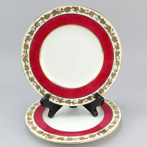 Puede incluir: Dos platos de cerámica blanca con un borde rojo y dorado. El borde presenta un patrón de vid con detalles dorados. Los platos están apilados en un soporte negro.