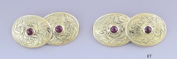Regal Pair Victorian 18k Gold & Ruby Hand Engrave… - image 1