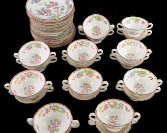 15 Antique English Porcelain Minton Bird Flower Pattern Bouillon Cups & Saucers