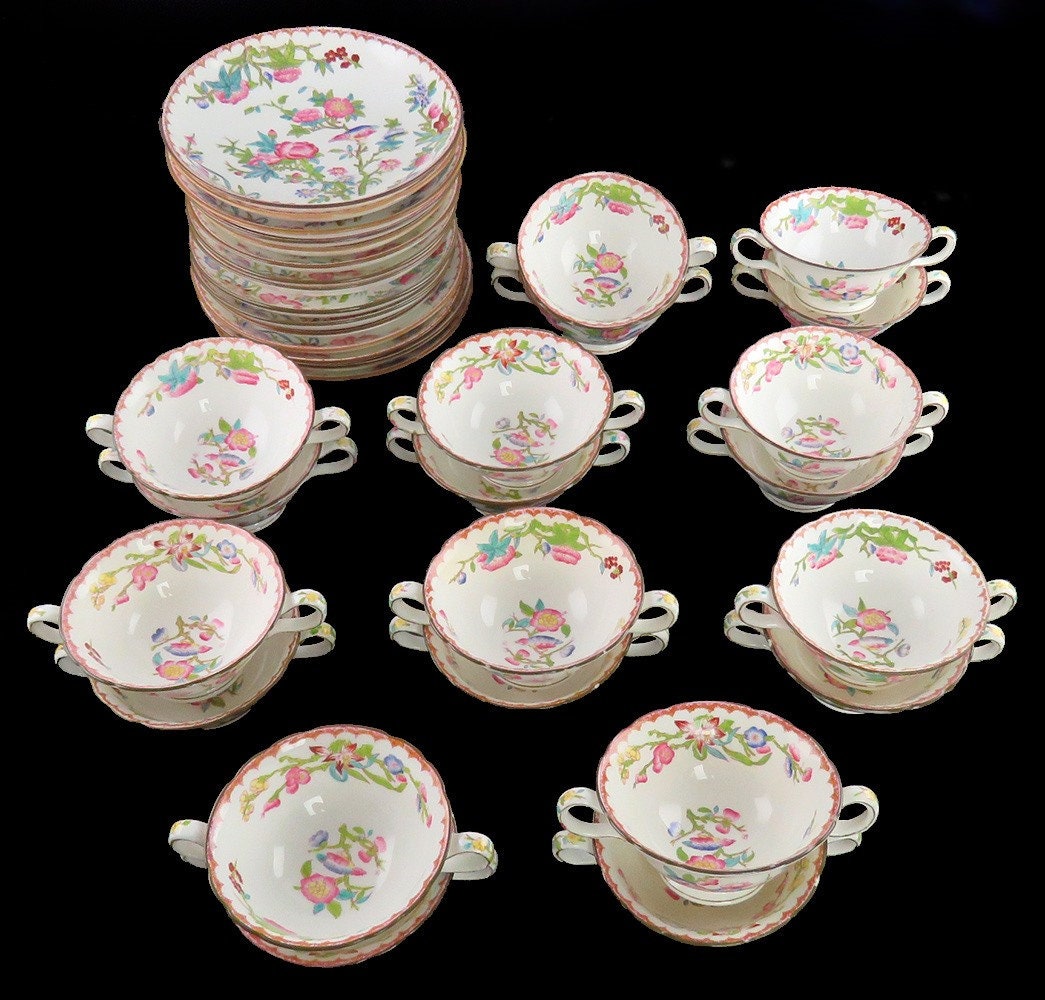 15 Antique English Porcelain Minton Bird Flower Pattern