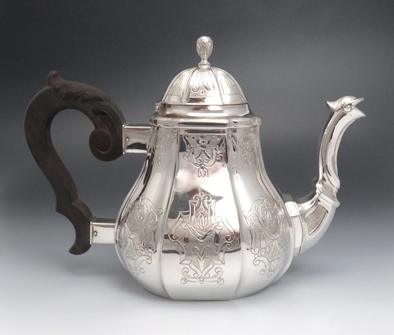 c1900 antieke Europese sterling zilveren handgegraveerde theepot afbeelding 1